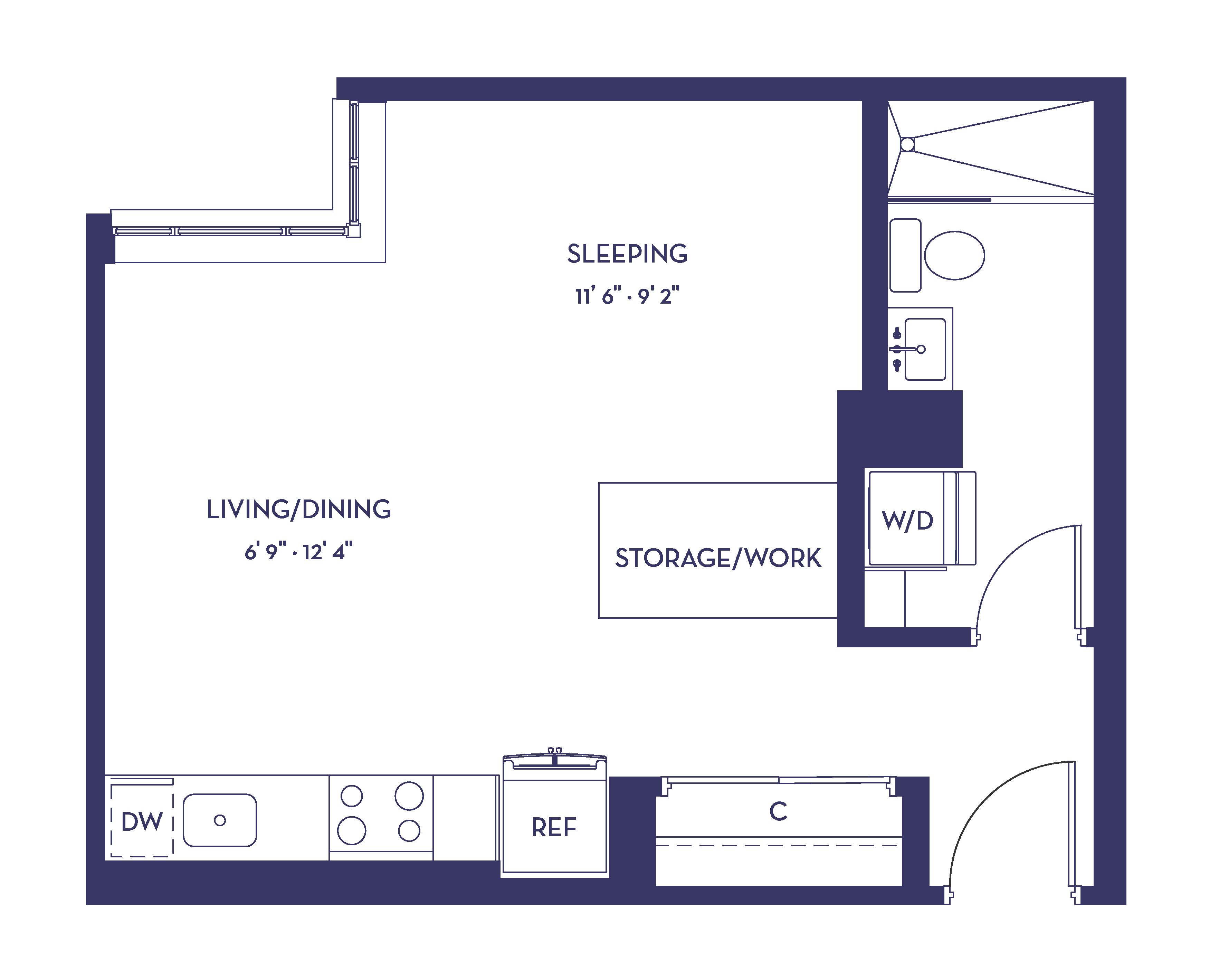 Floor plan for studio, 1 bath, 426 sqft